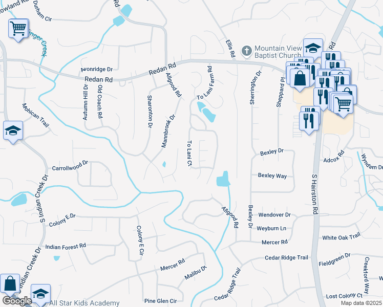 map of restaurants, bars, coffee shops, grocery stores, and more near 1248 To Lani Court in Stone Mountain