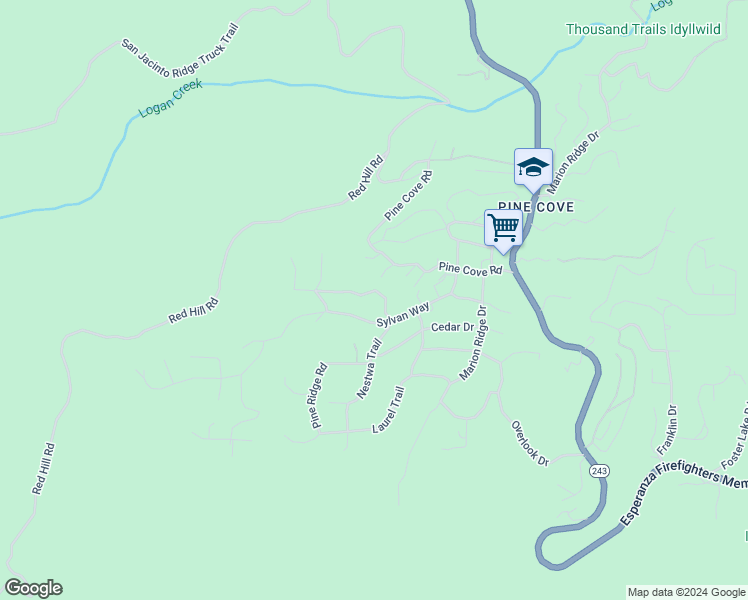 map of restaurants, bars, coffee shops, grocery stores, and more near 52581 Sunset Drive in Idyllwild-Pine Cove