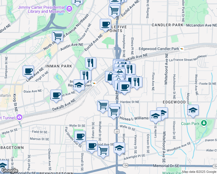 map of restaurants, bars, coffee shops, grocery stores, and more near 129 Holiday Avenue Northeast in Atlanta