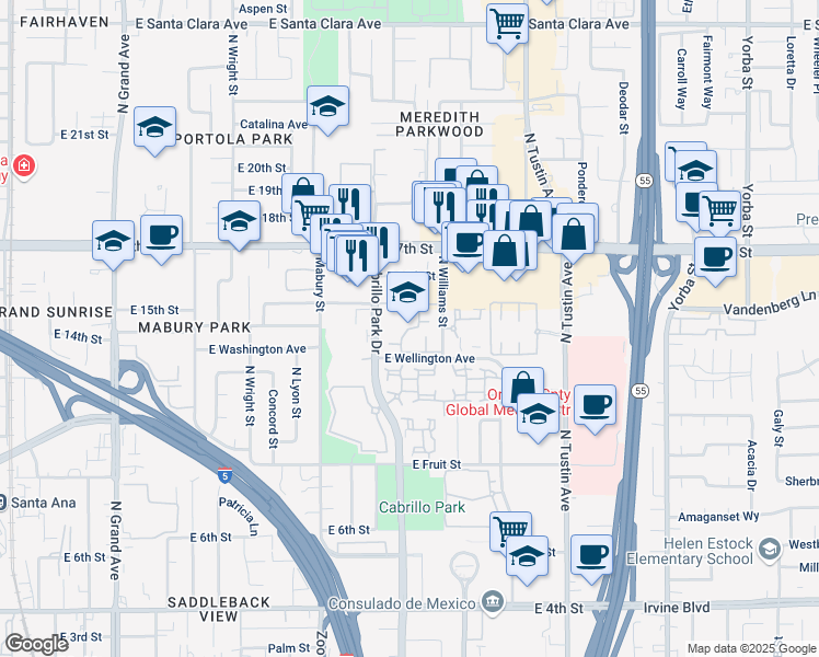 map of restaurants, bars, coffee shops, grocery stores, and more near 1345 Cabrillo Park Drive in Santa Ana