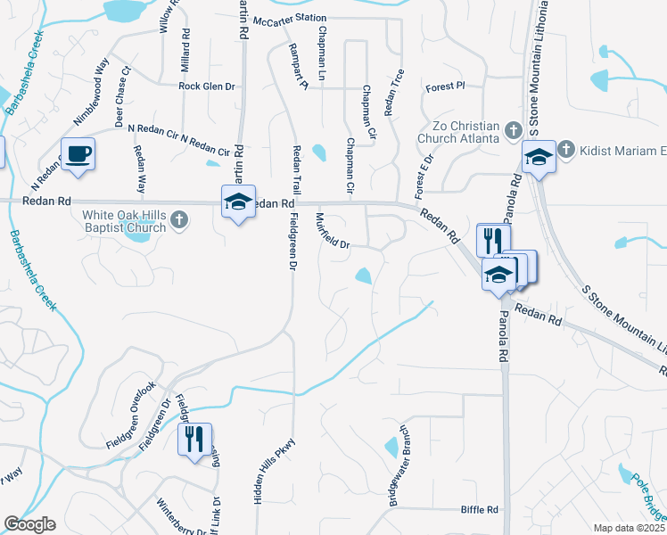 map of restaurants, bars, coffee shops, grocery stores, and more near 5220 Sweet Air Lane in Stone Mountain