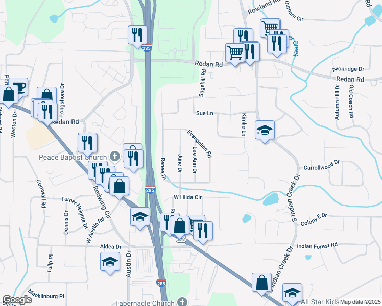 map of restaurants, bars, coffee shops, grocery stores, and more near 1240 June Drive in Decatur