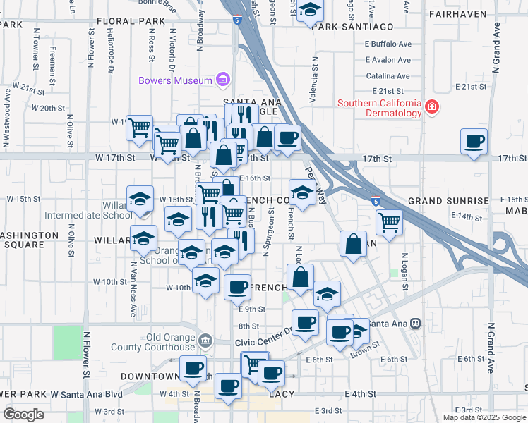 map of restaurants, bars, coffee shops, grocery stores, and more near 1416 North Spurgeon Street in Santa Ana