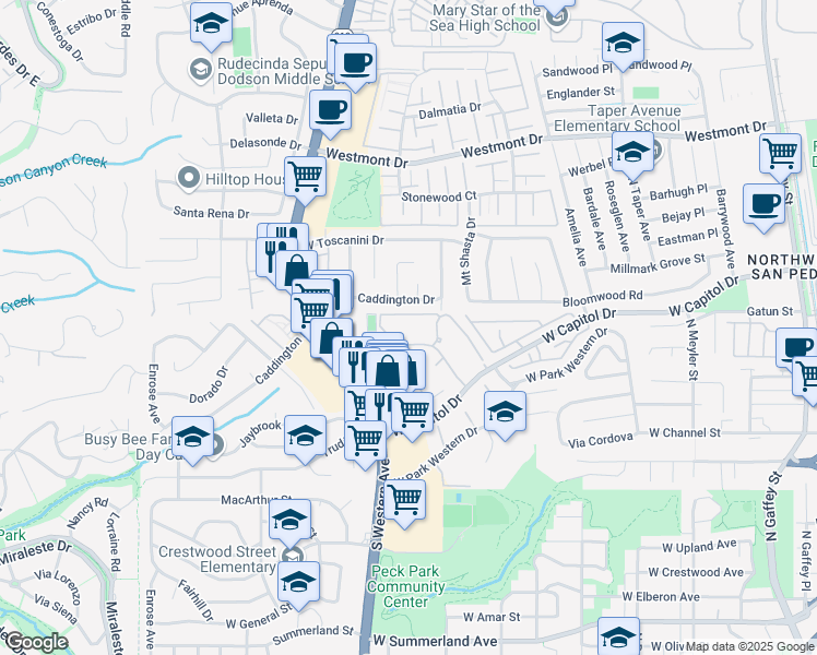 map of restaurants, bars, coffee shops, grocery stores, and more near 1432 Brett Place in Los Angeles