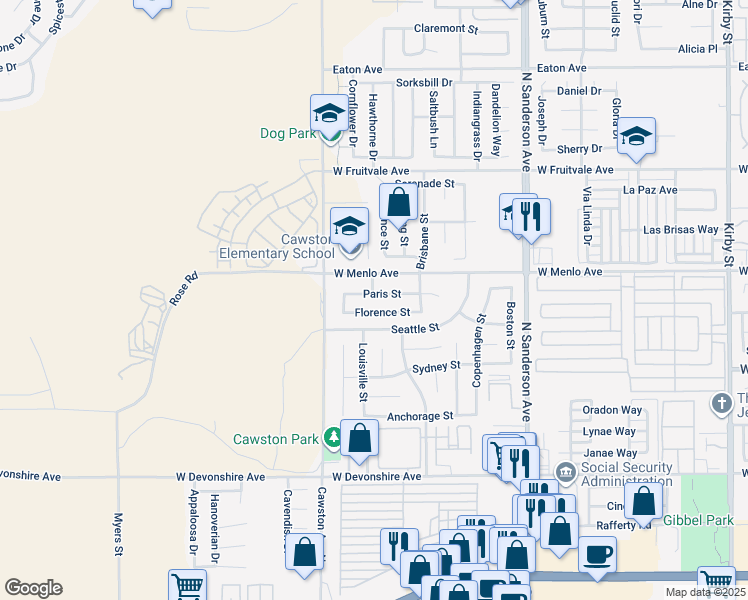 map of restaurants, bars, coffee shops, grocery stores, and more near 3895 Paris Street in Hemet