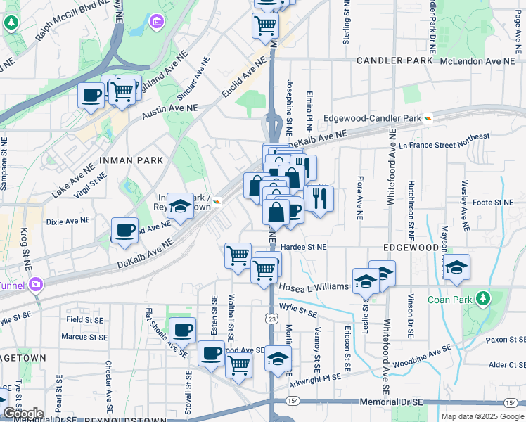 map of restaurants, bars, coffee shops, grocery stores, and more near 144 Moreland Avenue Northeast in Atlanta
