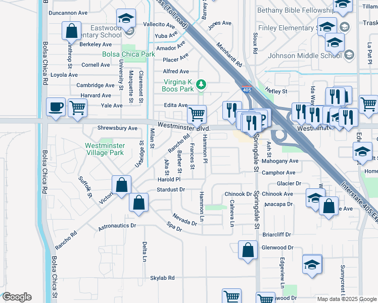 map of restaurants, bars, coffee shops, grocery stores, and more near 14095 Frances Street in Westminster