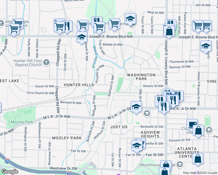 map of restaurants, bars, coffee shops, grocery stores, and more near 84 Stafford Street Northwest in Atlanta