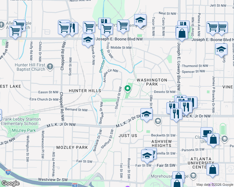 map of restaurants, bars, coffee shops, grocery stores, and more near 84 Stafford Street Northwest in Atlanta