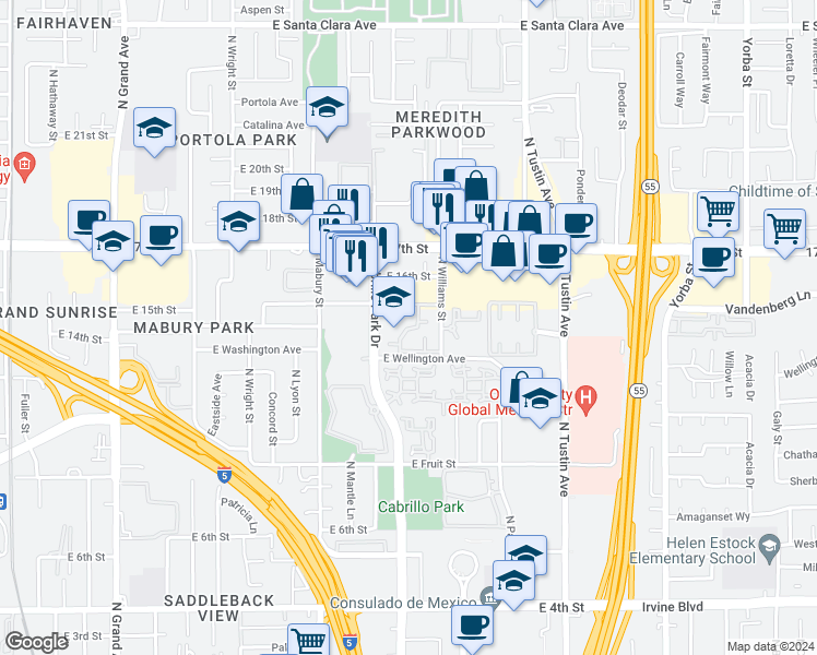 map of restaurants, bars, coffee shops, grocery stores, and more near 1345 Cabrillo Park Drive in Santa Ana