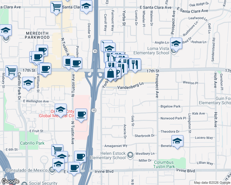 map of restaurants, bars, coffee shops, grocery stores, and more near 14122 Paseo Verde in Tustin