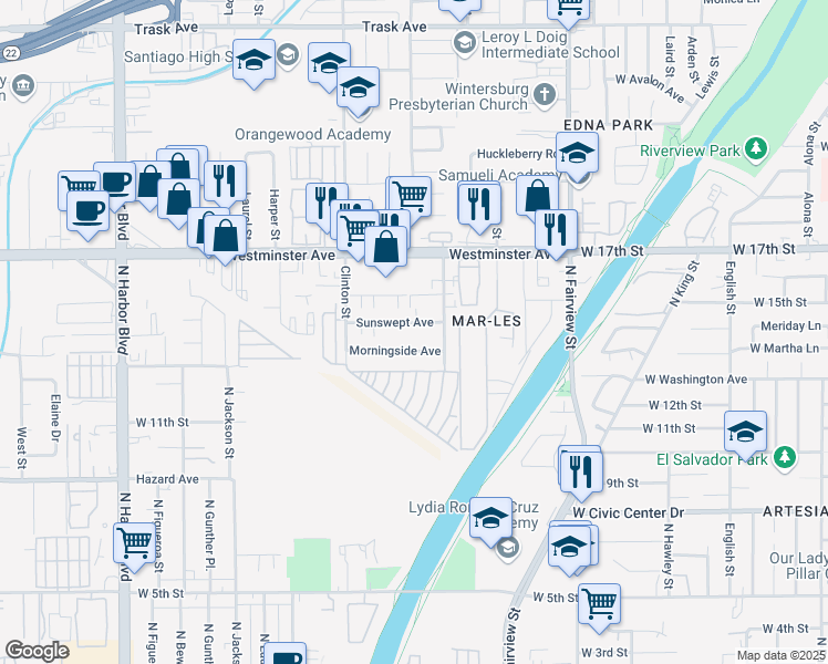 map of restaurants, bars, coffee shops, grocery stores, and more near 12652 Sunswept Avenue in Garden Grove