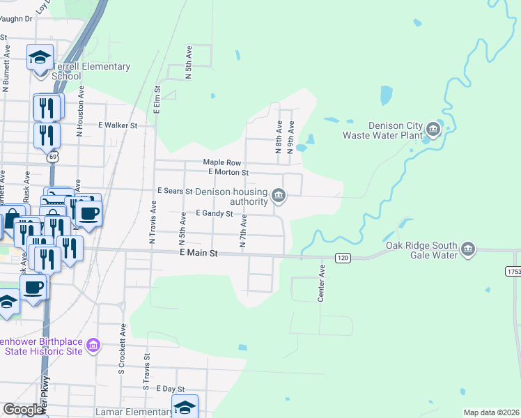 map of restaurants, bars, coffee shops, grocery stores, and more near 726 East Sears Street in Denison