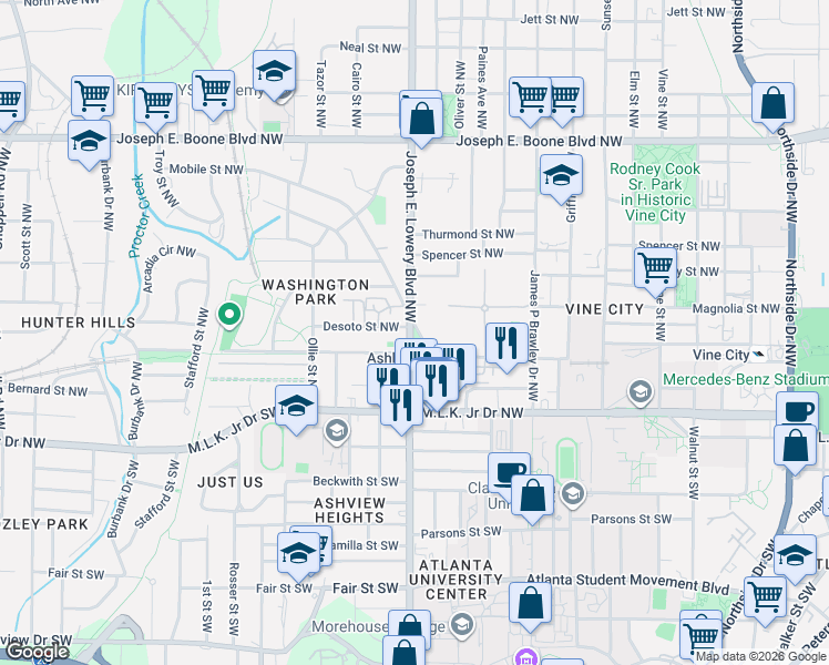 map of restaurants, bars, coffee shops, grocery stores, and more near 913 Mayson Turner Road Northwest in Atlanta