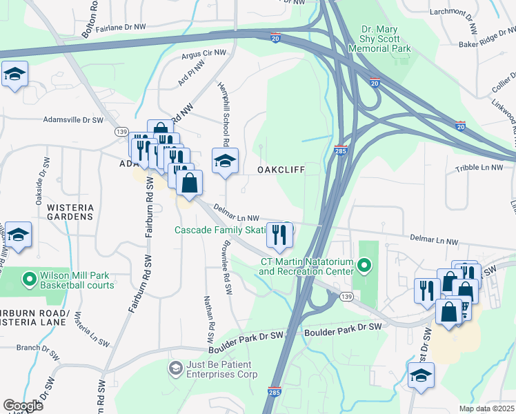 map of restaurants, bars, coffee shops, grocery stores, and more near 3363 Delmar Lane Northwest in Atlanta