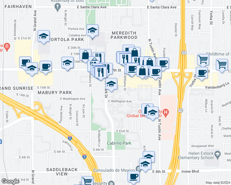 map of restaurants, bars, coffee shops, grocery stores, and more near North Williams Street in Santa Ana