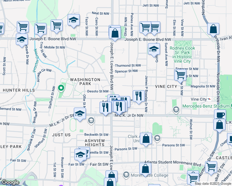 map of restaurants, bars, coffee shops, grocery stores, and more near 913 Mayson Turner Road Northwest in Atlanta