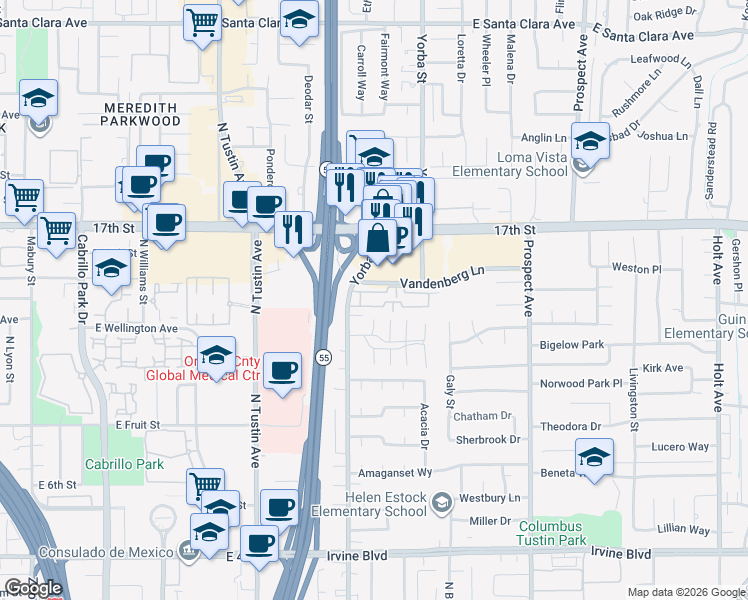 map of restaurants, bars, coffee shops, grocery stores, and more near 14142 Via Lucio in Tustin