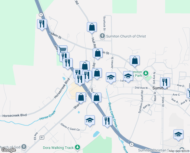 map of restaurants, bars, coffee shops, grocery stores, and more near 150 Hull Road in Sumiton