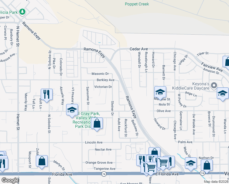 map of restaurants, bars, coffee shops, grocery stores, and more near 25096 Steiner Drive in Hemet