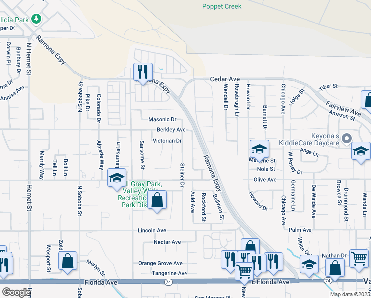 map of restaurants, bars, coffee shops, grocery stores, and more near 25081 Wagner Way in Hemet