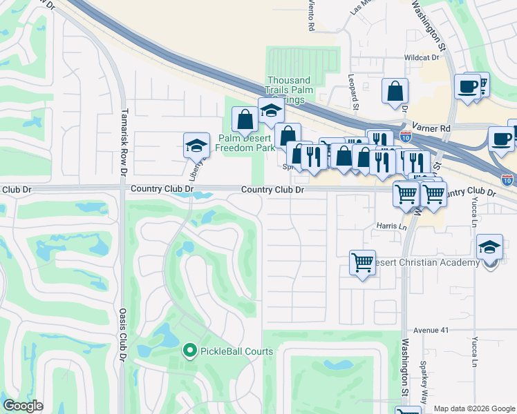 map of restaurants, bars, coffee shops, grocery stores, and more near 77473 Sawgrass Circle in Palm Desert