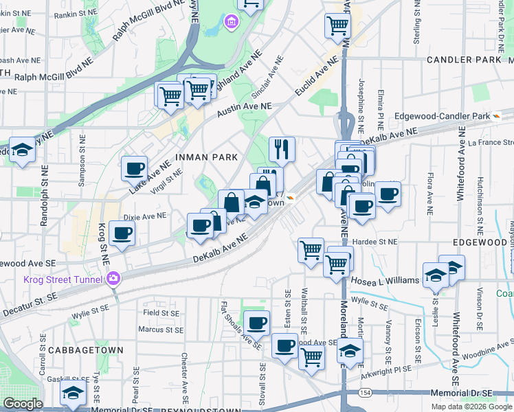 map of restaurants, bars, coffee shops, grocery stores, and more near 1030 DeKalb Avenue Northeast in Atlanta