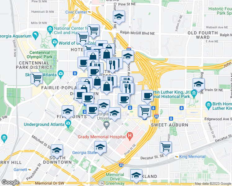 map of restaurants, bars, coffee shops, grocery stores, and more near 105 Courtland Street Northeast in Atlanta