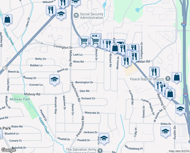map of restaurants, bars, coffee shops, grocery stores, and more near 1251 Glen Forest Way in Decatur