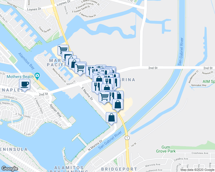 map of restaurants, bars, coffee shops, grocery stores, and more near 6475 E Pacific Coast Hwy in Long Beach