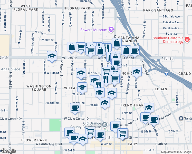 map of restaurants, bars, coffee shops, grocery stores, and more near 1424 North Broadway in Santa Ana