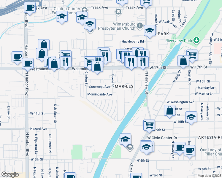 map of restaurants, bars, coffee shops, grocery stores, and more near 14142 Buena Street in Garden Grove
