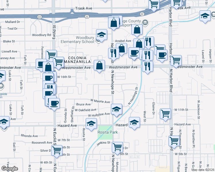 map of restaurants, bars, coffee shops, grocery stores, and more near 4522 West Sunswept Avenue in Santa Ana