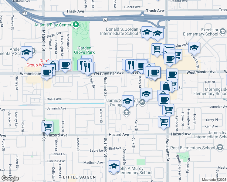 map of restaurants, bars, coffee shops, grocery stores, and more near 9532 Mirage Avenue in Garden Grove