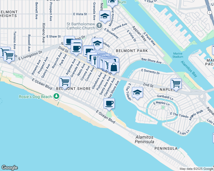 map of restaurants, bars, coffee shops, grocery stores, and more near 151 Santa Ana Avenue in Long Beach