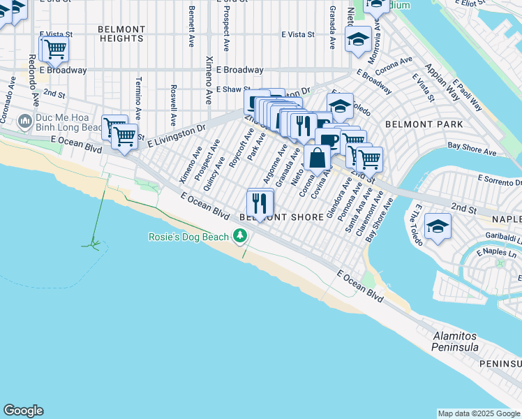 map of restaurants, bars, coffee shops, grocery stores, and more near 60 Argonne Avenue in Long Beach