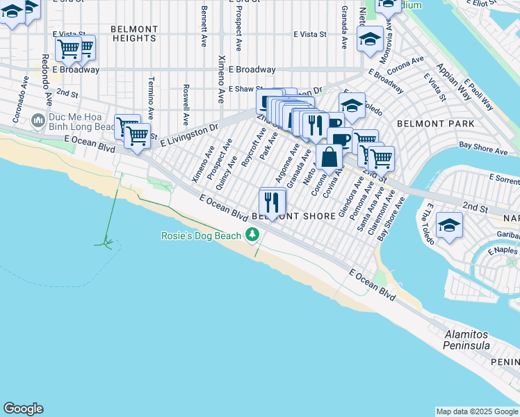 map of restaurants, bars, coffee shops, grocery stores, and more near 60 Argonne Avenue in Long Beach