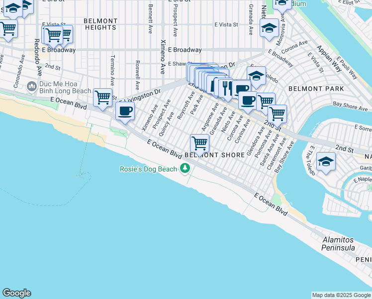 map of restaurants, bars, coffee shops, grocery stores, and more near 25 Saint Joseph Avenue in Long Beach