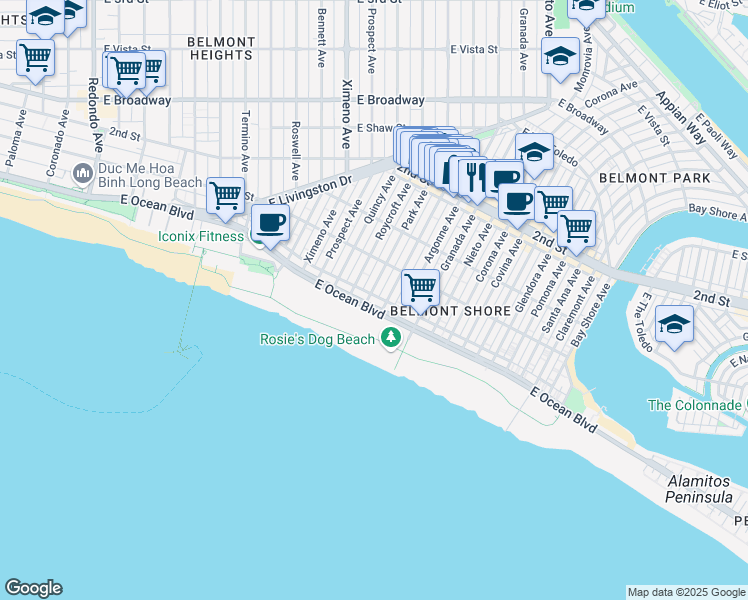 map of restaurants, bars, coffee shops, grocery stores, and more near 25 Saint Joseph Avenue in Long Beach