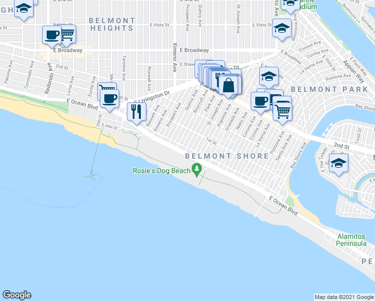 map of restaurants, bars, coffee shops, grocery stores, and more near 25 Saint Joseph Avenue in Long Beach