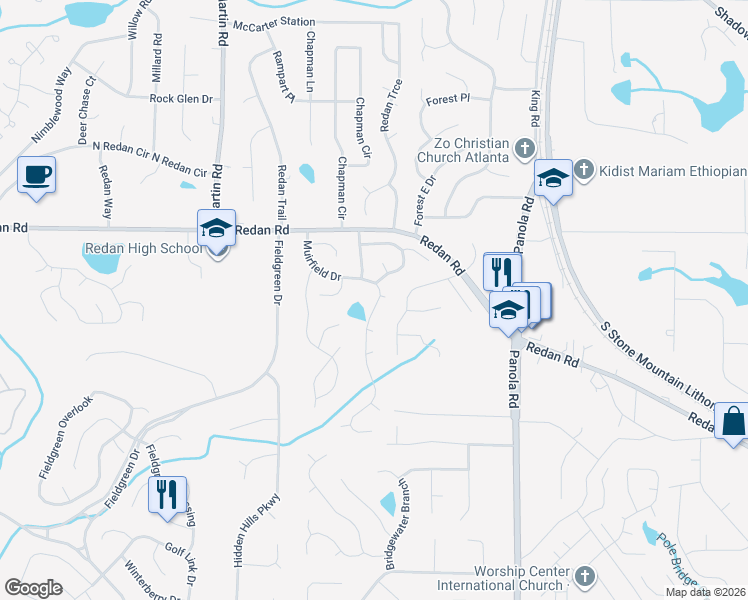 map of restaurants, bars, coffee shops, grocery stores, and more near 1268 Muirfield Drive in Stone Mountain