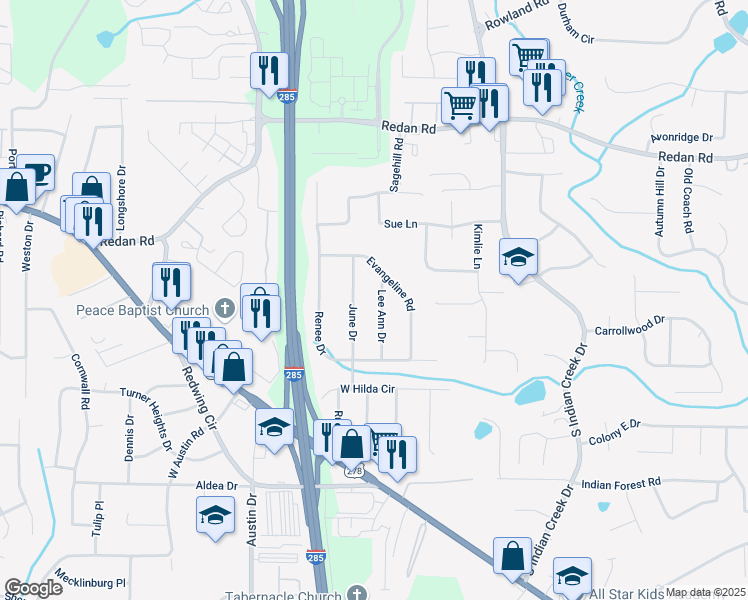 map of restaurants, bars, coffee shops, grocery stores, and more near 1240 June Drive in Decatur
