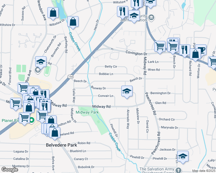 map of restaurants, bars, coffee shops, grocery stores, and more near 3242 Bonway Drive in Decatur