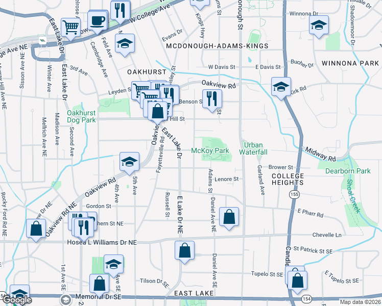 map of restaurants, bars, coffee shops, grocery stores, and more near 616 Mckoy Street in Decatur