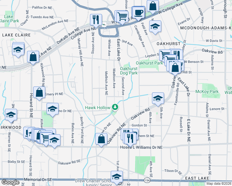 map of restaurants, bars, coffee shops, grocery stores, and more near 253 Madison Avenue in Decatur