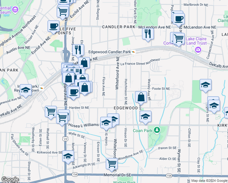 map of restaurants, bars, coffee shops, grocery stores, and more near 143 Whitefoord Avenue Northeast in Atlanta