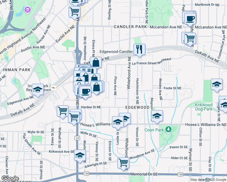 map of restaurants, bars, coffee shops, grocery stores, and more near 136 Flora Avenue Northeast in Atlanta