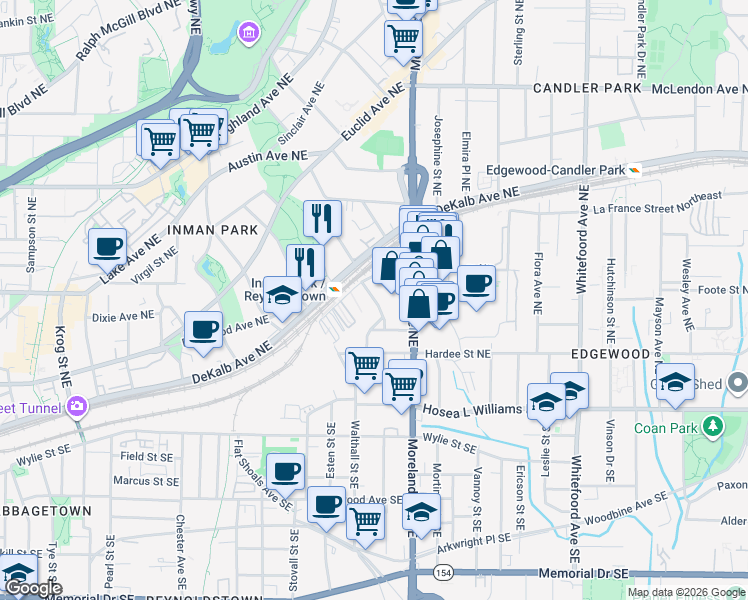 map of restaurants, bars, coffee shops, grocery stores, and more near 141 Holiday Avenue Northeast in Atlanta