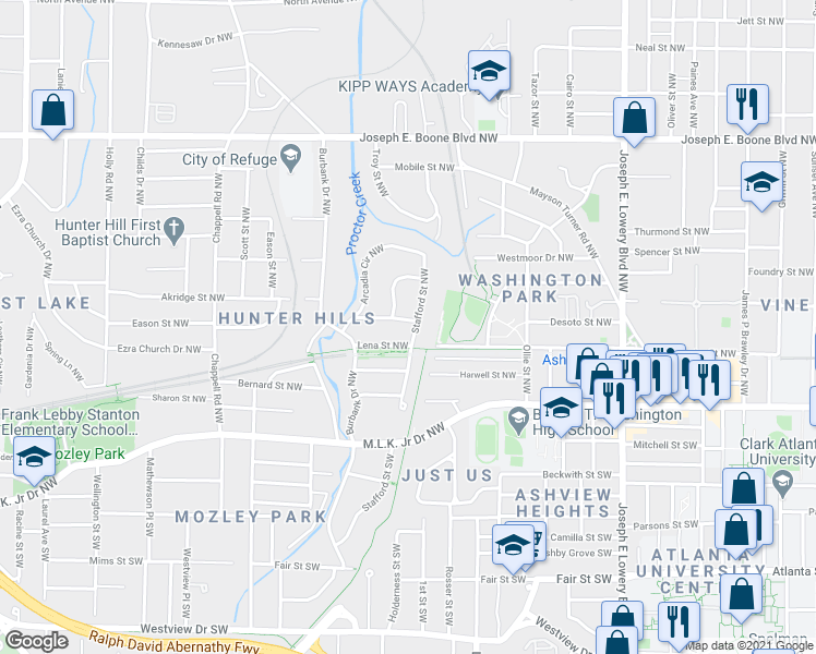 map of restaurants, bars, coffee shops, grocery stores, and more near 84 Stafford Street Northwest in Atlanta