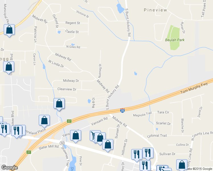 map of restaurants, bars, coffee shops, grocery stores, and more near 4130 Midway Road in Douglasville